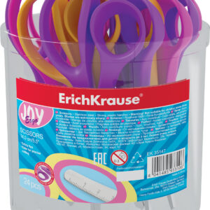 Käärid 14 cm JOY Ergo, ümar ots, 4 värvi assortii plasttopsis