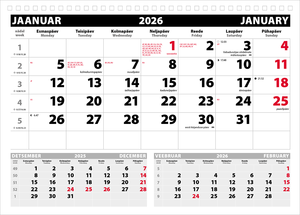 Seinakalender Uno põhi (must-punane), augustatud tagapapita | Kasseti Expert