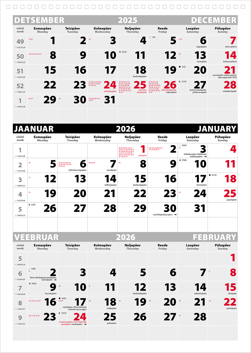 Seinakalender Trio põhi, (must-punane) augustatud tagapapita | Kasseti Expert