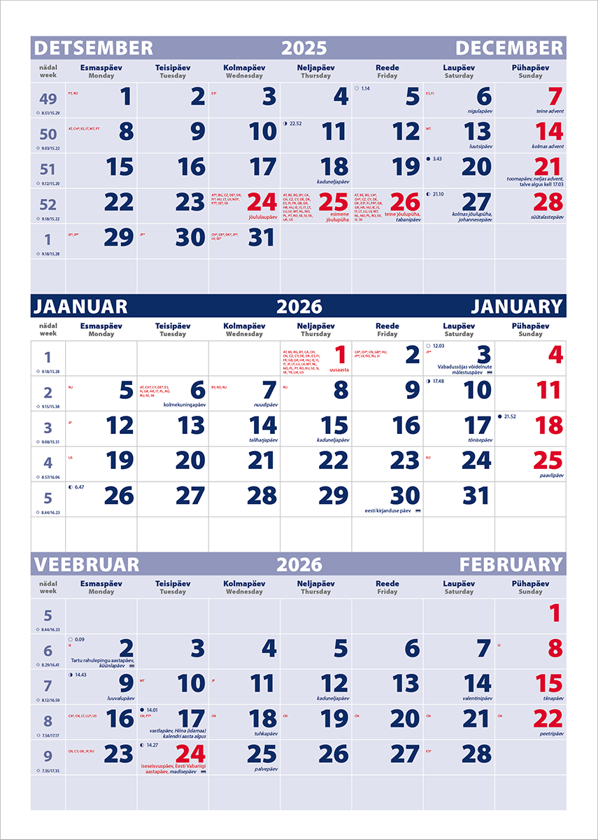 Seinakalender Trio põhi (sinine-punane) augustamata tagapapita | Kasseti Expert