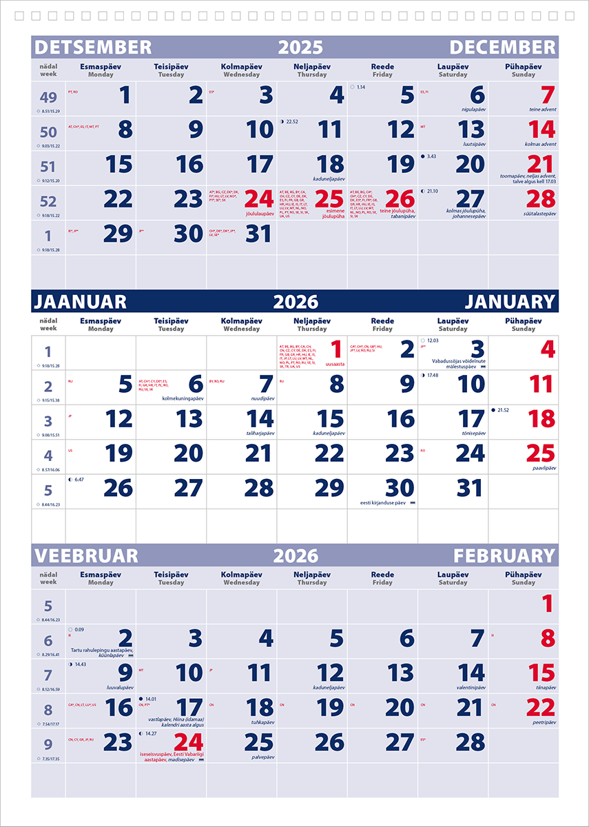 Seinakalender Trio põhjad koos köitmise ja aknakomplektiga (tagapapiga) | Kasseti Expert