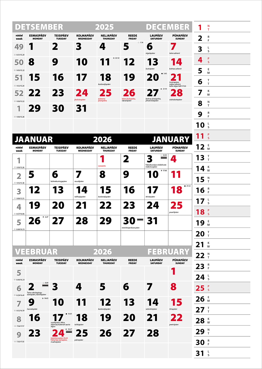 Seinakalender Trio Memo põhi augustamata tagapapita | Kasseti Expert