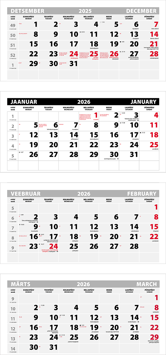 Seinakalender Trio Extra 4-osaline põhi augustamata tagapapita | Kasseti Expert