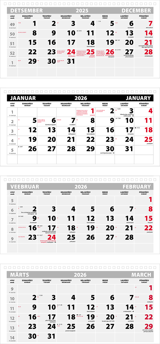 Seinakalender Trio Extra 4-osaline põhjad koos köitmise ja aknakomplektiga (tagapapiga) | Kasseti Expert