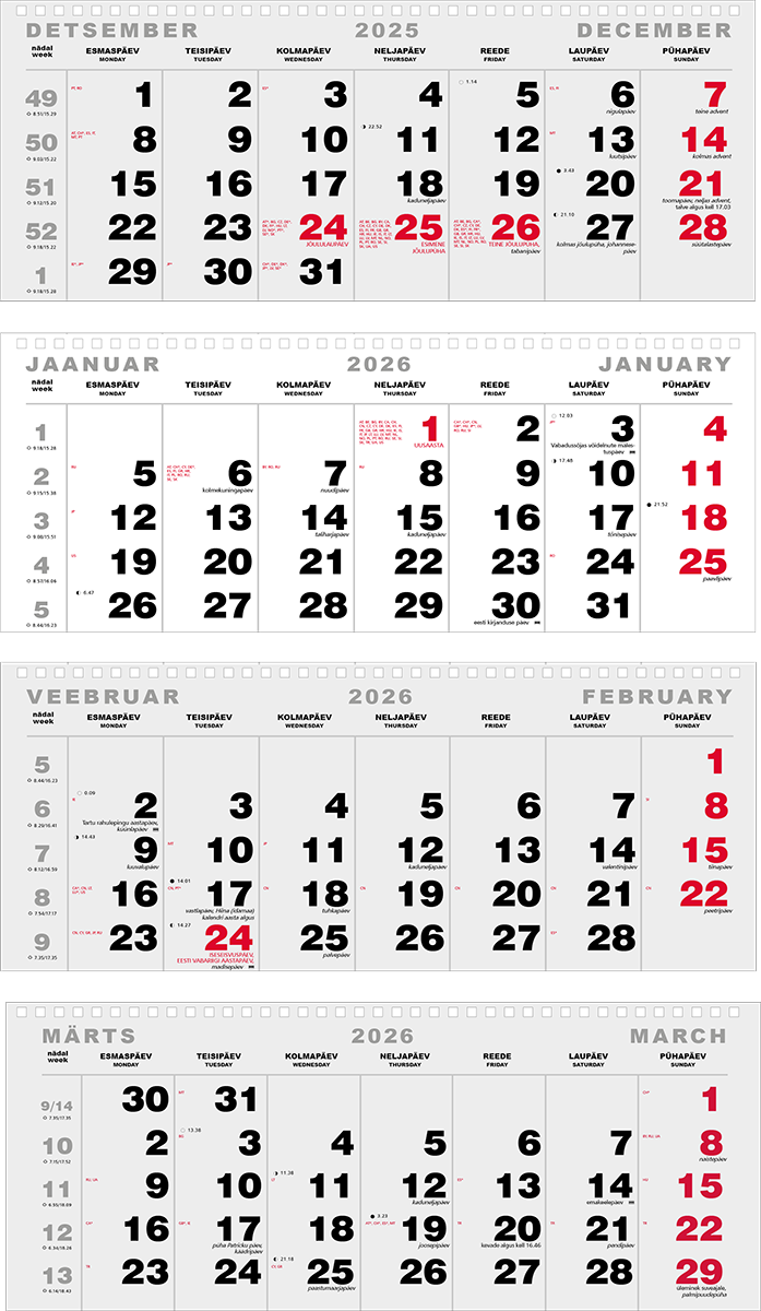 Seinakalender Trio Maxi 4-osaline põhjad koos köitmise ja aknakomplektiga (tagapapiga) | Kasseti Expert