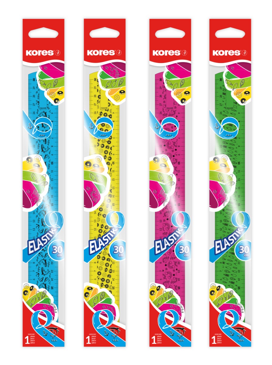 Joonlaud 30 cm KORES Elastik, painduv, 4 värvi riputuspakis | Kasseti Expert