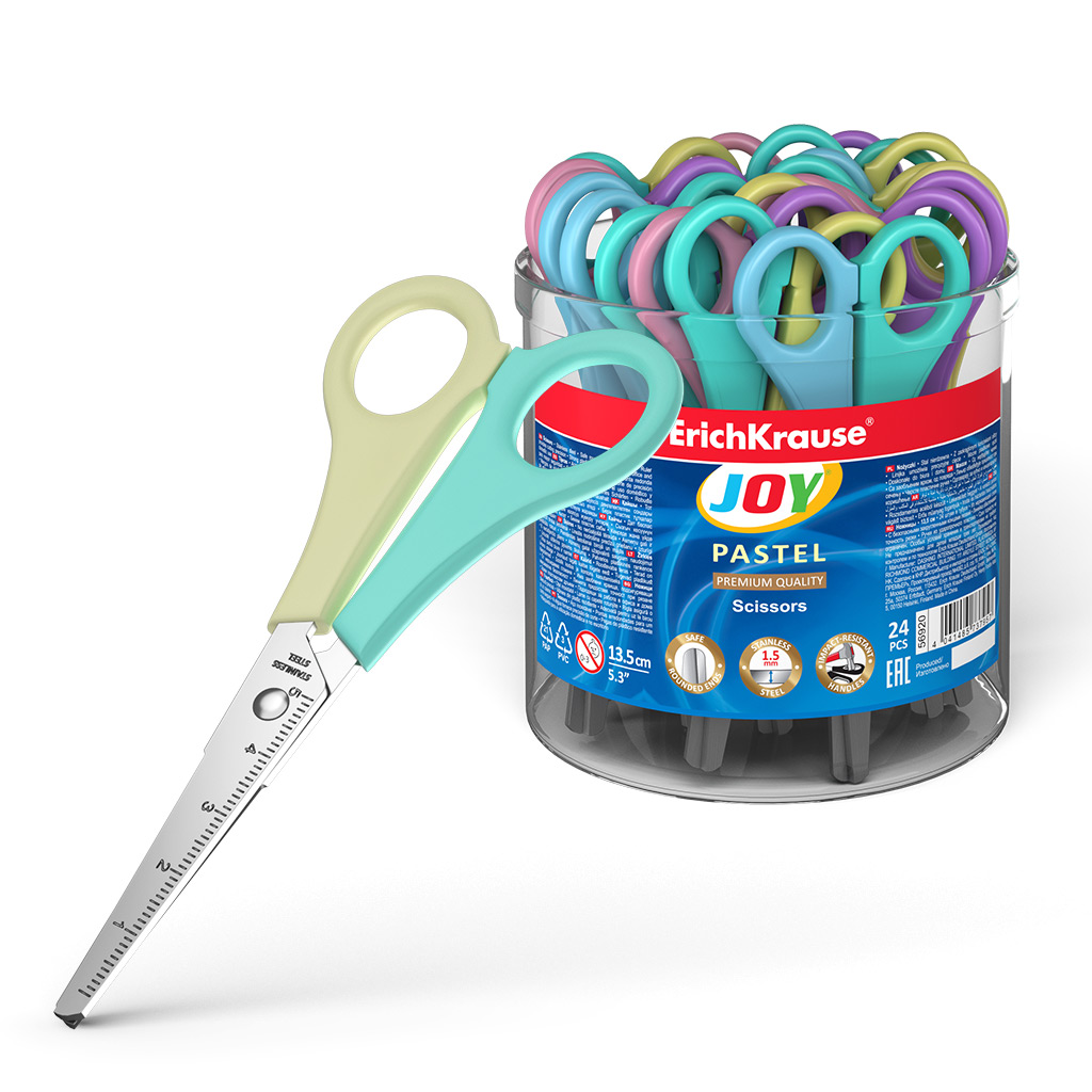 Käärid 13,5 cm JOY Pastel, ümar ots, assortii plastikpurgis | Kasseti Expert