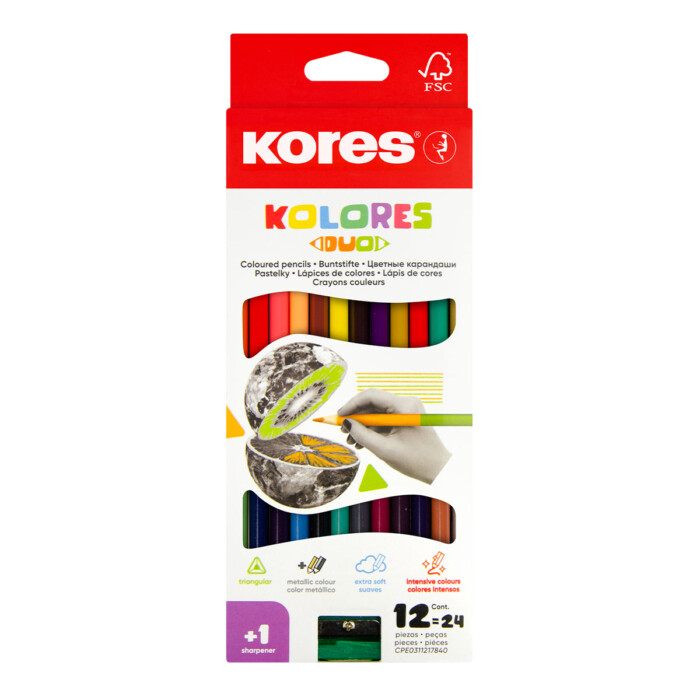 Värvipliiatsid kolmnurksed 12 värvi KORES Duo + teritaja, riputuspakis | Kasseti Expert