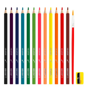 Akvarellpliiatsid kolmnurksed 12 värvi KORES, teritaja ja pintsel, riputuspakis